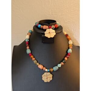 Multi-Color Acrylic Beaded Wire Wrapped MOP Flower Charm Necklace & Bracelet Set